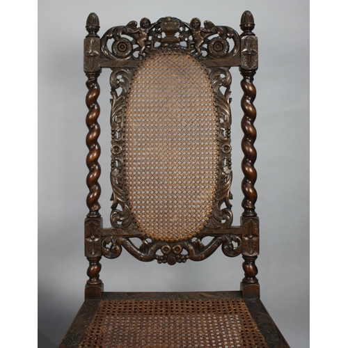 489 - A Pair of Victorian Carved Gothic Revival Caned Seated and Back Hall Chairs with Barley Twist Suppor... 