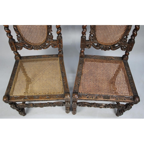 489 - A Pair of Victorian Carved Gothic Revival Caned Seated and Back Hall Chairs with Barley Twist Suppor... 