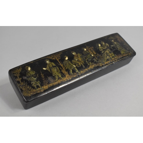 64 - Two Chinese Lacquered Pen Boxes with Hinged Decorated Lids to Fitted Interiors, 20cms Long