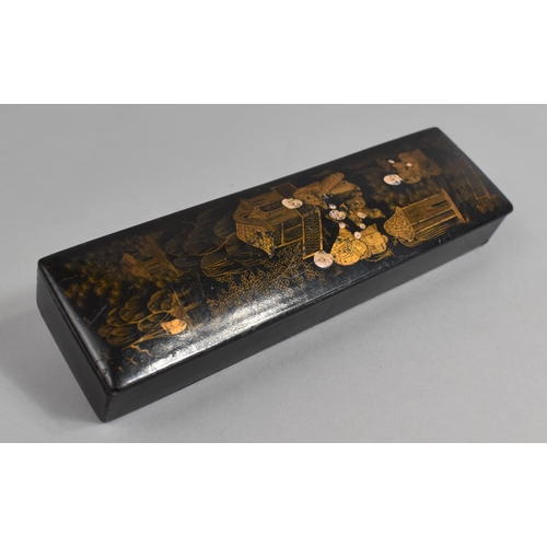 64 - Two Chinese Lacquered Pen Boxes with Hinged Decorated Lids to Fitted Interiors, 20cms Long