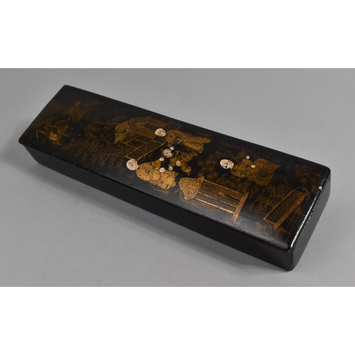 64 - Two Chinese Lacquered Pen Boxes with Hinged Decorated Lids to Fitted Interiors, 20cms Long