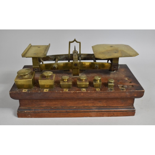 67 - A Set of 19th Century Brass Postage Scales with Incomplete Set of Weights, Mahogany Plinth Base, 25c... 