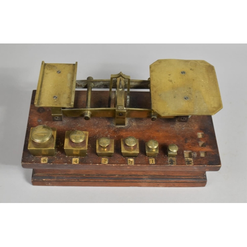 67 - A Set of 19th Century Brass Postage Scales with Incomplete Set of Weights, Mahogany Plinth Base, 25c... 