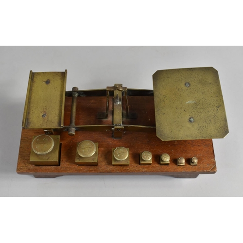 70 - A Late Victorian Set of Brass Postage Scales with Graduated Weights Set on Mahogany Plinth Base, 25x... 