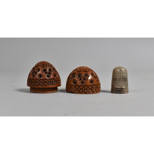 74 - A Late 19th Century Carved and Pierced Ovoid Thimble Case Containing Thimble, 4.75cms High