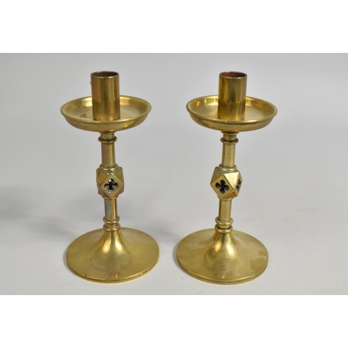 78 - A Pair of Late Victorian Brass Ecclesiastic Altar Candlesticks Having Trefoil Pierced Diamond Knops,... 