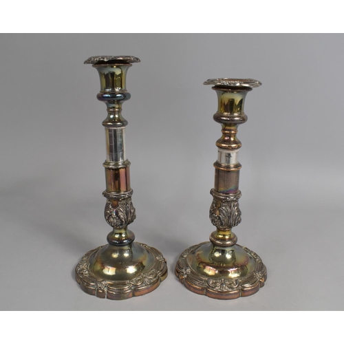 84 - A Pair of Late 19th Century Sheffield Plated Rise and Fall Candlesticks with Weighted Bases