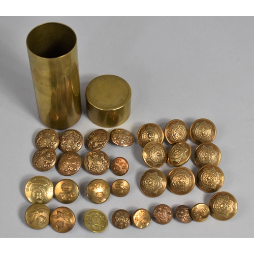 88 - A Cylindrical Brass Container Containing Military Buttons including Royal Flying Corps.