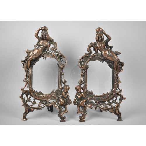1 - A Pair of Late Victorian Cast Metal Copper Patinated Easel Back Photo Frames with Maiden Finials, Ea... 