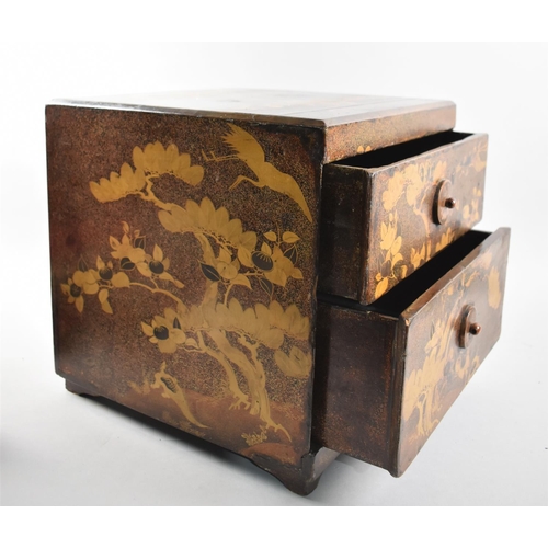 16 - A Nice Quality Chinese Lacquered Two Drawer Chest Decorated on all Sides with Gilt Trees, Fruit and ... 