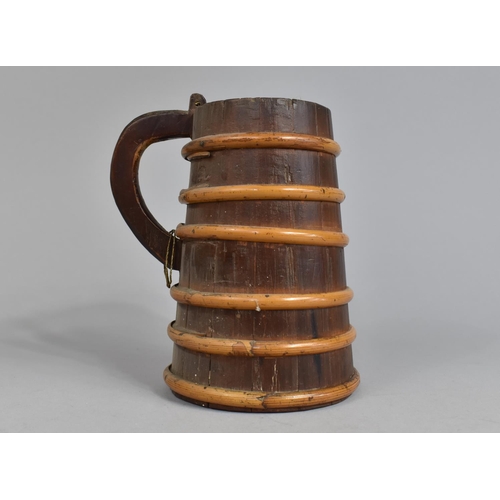 17 - An Unusual Bamboo Mounted Wooden Tankard, Missing Lid, Of Tapering Form, 15cms High