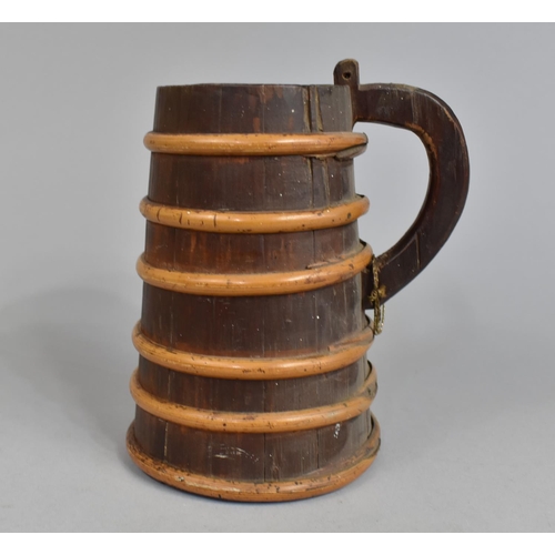 17 - An Unusual Bamboo Mounted Wooden Tankard, Missing Lid, Of Tapering Form, 15cms High