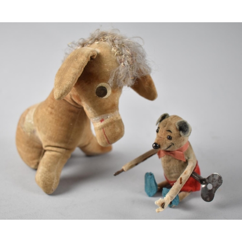 24 - A Vintage Felt Covered Tin Plate Tumbling Mouse Toy, Working Order, Together with a Seated Donkey