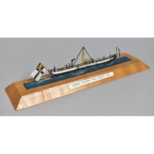 26 - A German Metal Flat Model of The Paddle Steamer Max Joseph, 1824, Mounted on Wooden Plinth, 25cms Wi... 