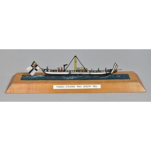 26 - A German Metal Flat Model of The Paddle Steamer Max Joseph, 1824, Mounted on Wooden Plinth, 25cms Wi... 