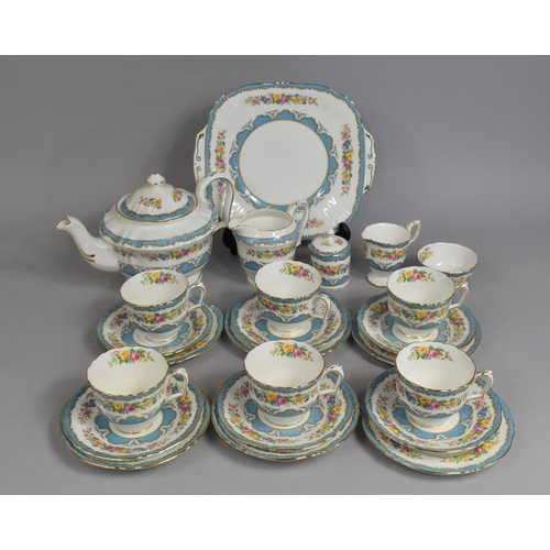 297 - A Crown Staffordshire Tunis Blue and Gilt Scroll Floral Garland Trim Tea Set to comprise Teapot, Six... 