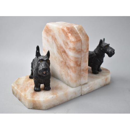 42 - A Pair of Novelty Bookends in the Form of Cold Painted Scottie Dogs on Veined Onyx Marble Stands, 12... 