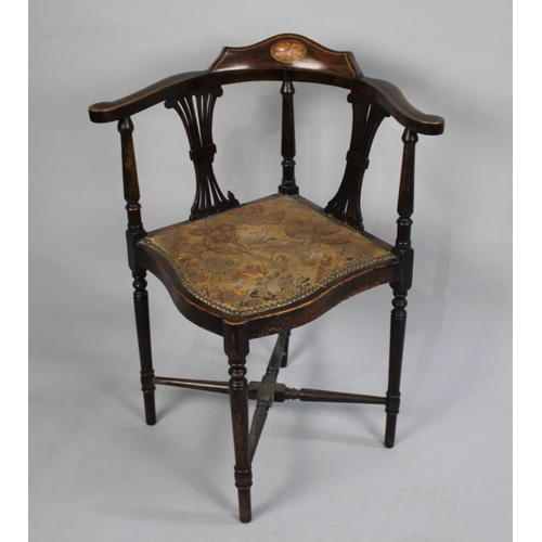 529 - A Pretty Edwardian Inlaid Mahogany Ladies Corner Chair with Tapestry Seat