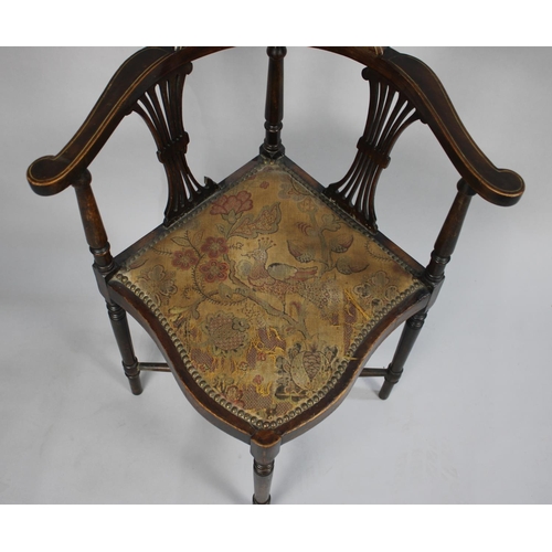 529 - A Pretty Edwardian Inlaid Mahogany Ladies Corner Chair with Tapestry Seat