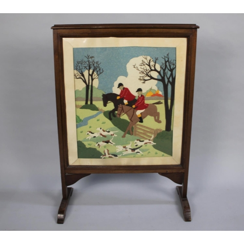 71 - A Mahogany Framed Fire Screen Decorated with Stitched Felt Hunting Scene, 56cms Wide