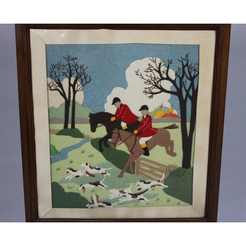 71 - A Mahogany Framed Fire Screen Decorated with Stitched Felt Hunting Scene, 56cms Wide