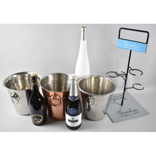 74 - Three Modern Ice Buckets Containing Prosecco and White Wine Together with a Gordons Gin Stand