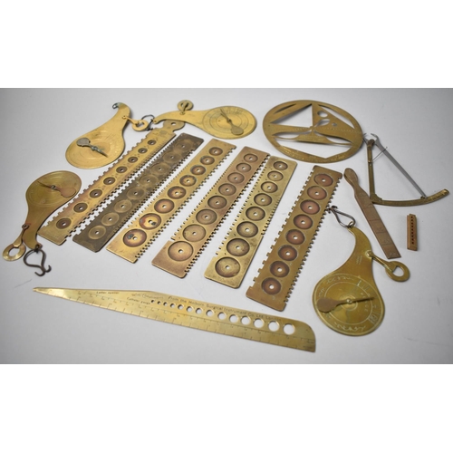 84 - A Collection of Various Vintage Brass Catheter Gauges, Postage Letter Scales, Drawing Compasses Etc