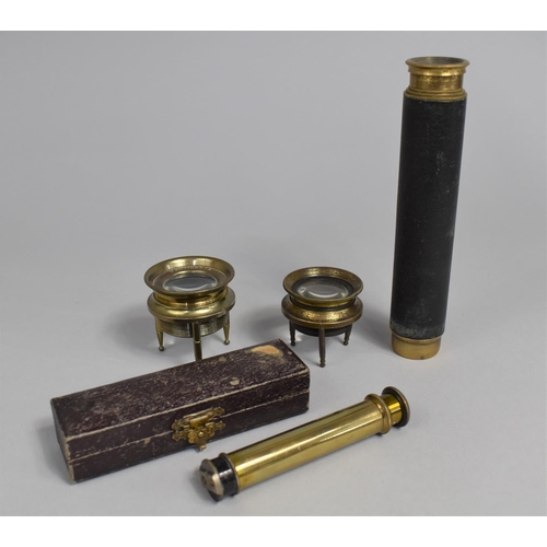 86 - A Small Brass Three Fold Telescope, Two Nauticalia Chart Reading Magnifiers and a Vintage Cased Bras... 