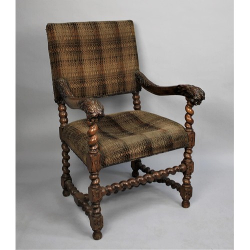 542 - A Late 19th/Early 20th Century Upholstered Armchair with Oak Frame Having Scrolled and Carved Arm Re... 