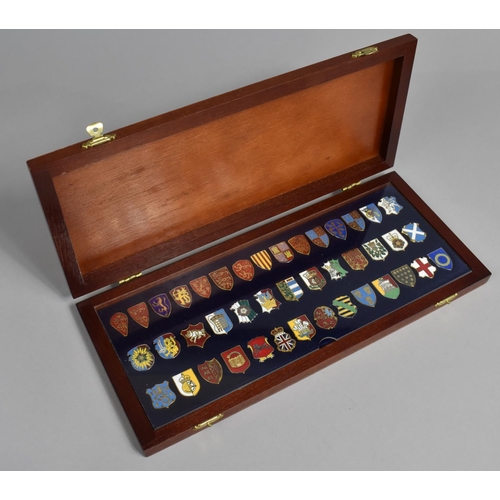 24 - A Modern Mahogany Cased Set of 42 Silver and Enamelled Heraldic Shield Shaped Emblems of the Kings a... 