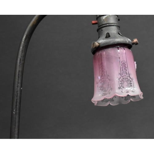 35 - A Vintage Desk Top Metal Reading Lamp with Weighted Base and Etched Pink Glass Shade, 42cms High