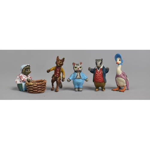 Five Cold Painted Bronze Beatrix Potter Peter Rabbit Figures, Mr Tod, Jemima Puddleduck, Tom Kitten, Tiggy-winkle and Badger