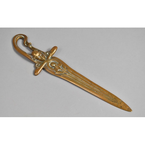 50 - An Art Nouveau Brass Letter Opener, Probably French with Maiden Decoration, 28cms High