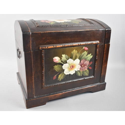 6 - A Modern Hand Painted Dome Top Box with Wire Carrying Handles, Floral Decoration, 34cms Wide