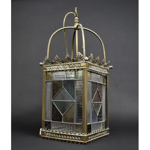 60 - An Early 20th Century Brass Hall Lantern Light Fitting with Leaded Stained Glass Panels to All Sides... 