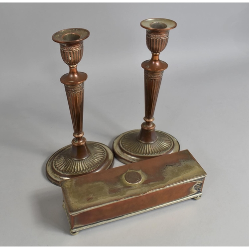 111 - A Pair of Tall Sheffield Plated Reeded Candlesticks, 28cms High together with a Sheffield Plated Rec... 