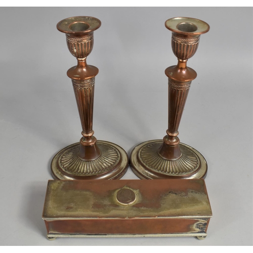 111 - A Pair of Tall Sheffield Plated Reeded Candlesticks, 28cms High together with a Sheffield Plated Rec... 