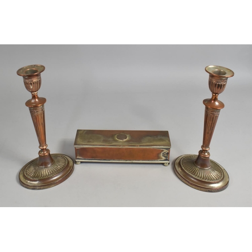 111 - A Pair of Tall Sheffield Plated Reeded Candlesticks, 28cms High together with a Sheffield Plated Rec... 