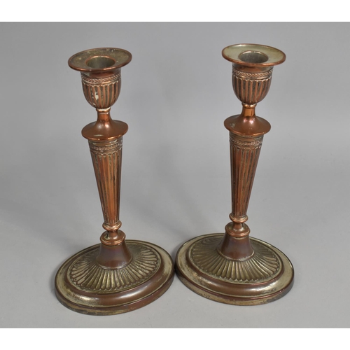 111 - A Pair of Tall Sheffield Plated Reeded Candlesticks, 28cms High together with a Sheffield Plated Rec... 