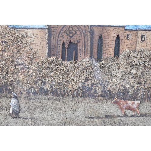 116 - A Framed Late Victorian/Edwardian Collage in Bark and Sand, Country Church with Figure and Cow to Fo... 