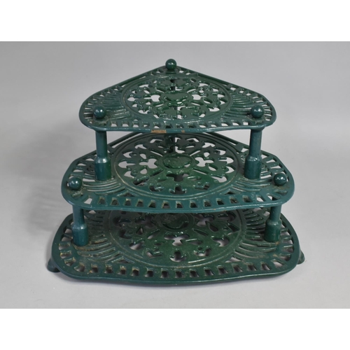 147 - A Three Tier Green Enamelled Metal Pan Stand, 38cms Wide