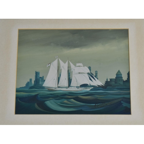 154 - A Framed Gouache, Modern Tall Ship, R Constable, 1975, 16.5x13cms