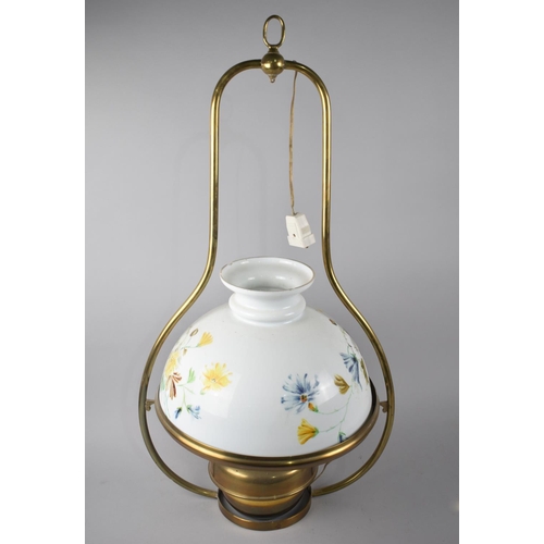 183 - A Mid 20th Century Brass Ceiling Light in the Form of an Oil Lamp, Opaque Glass Shade with Painted D... 