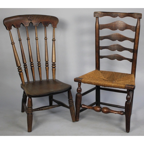 475 - A 19th Century Rush Seated Ladderback Side Chair, Cut Down and a Cut Down Spindle Back Kitchen Chair