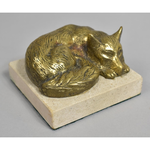 10 - A Cast Brass Model of a Curled Sleeping Fox on Stone Plinth, 10cms Square