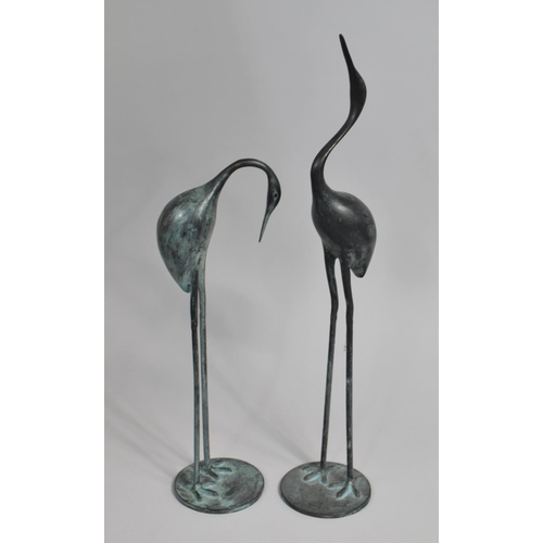 112 - A Pair of Modern Chinese Patinated Bronze Studies of Cranes, 40cm and 53cms High