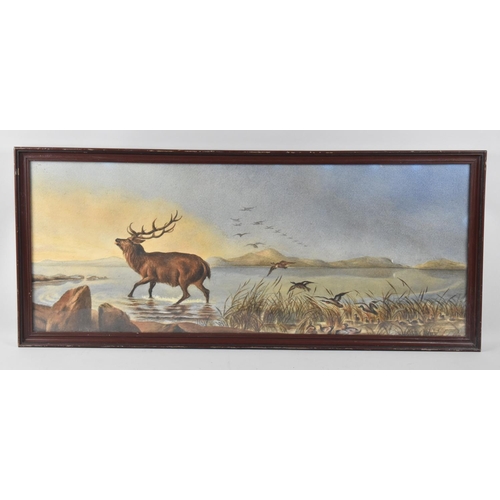 132 - A Framed Watercolour Depicting Stag in Lake, 67x27cms