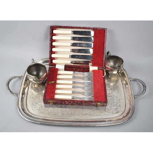 138 - A Silver Plated Rectangular Tray, Cased Cutlery and Cream Jug, Sugar Bowl, Latter Missing One Foot