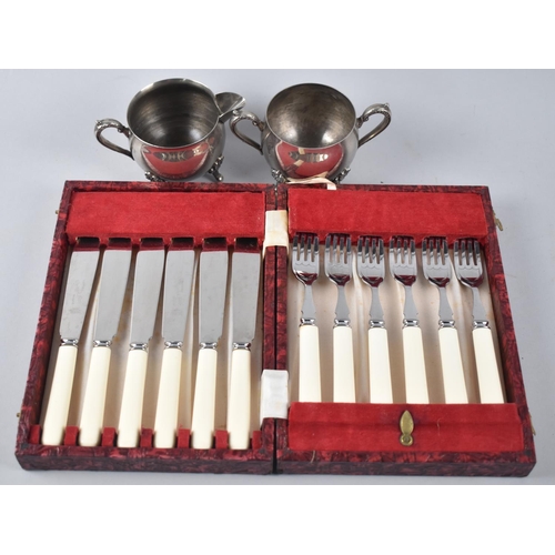 138 - A Silver Plated Rectangular Tray, Cased Cutlery and Cream Jug, Sugar Bowl, Latter Missing One Foot