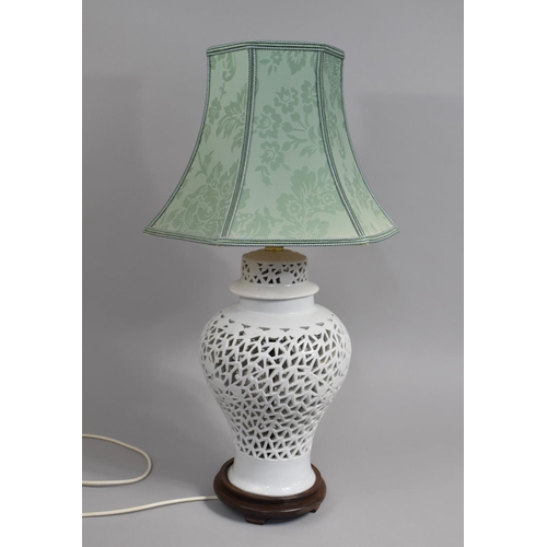 146 - A Chinese Blanc De Chine Reticulated Vase Shaped Table Lamp, Complete with Shade, Overall Height 66c... 